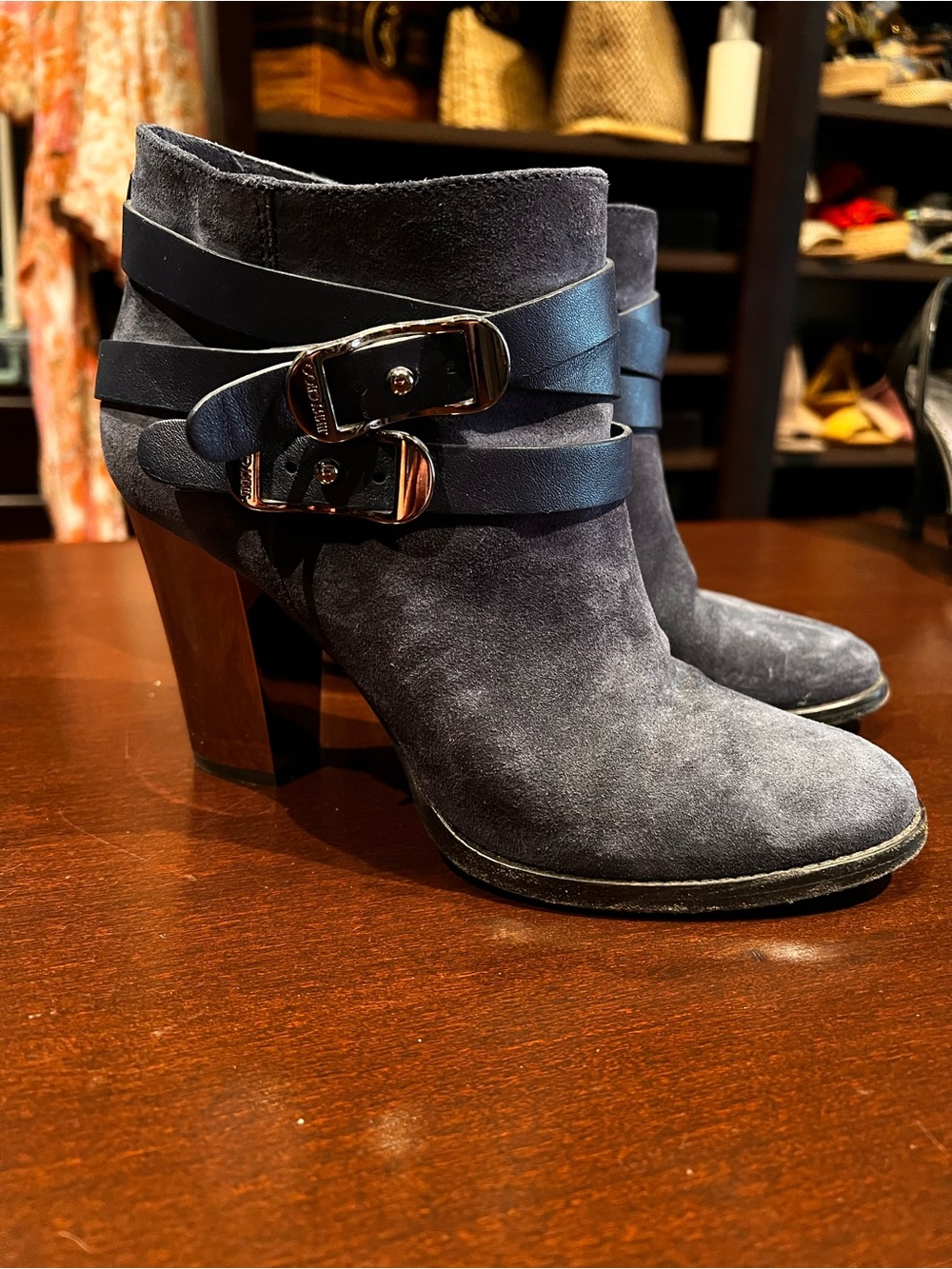 Jimmy Choo Navy Suede Buckle Ankle Boots